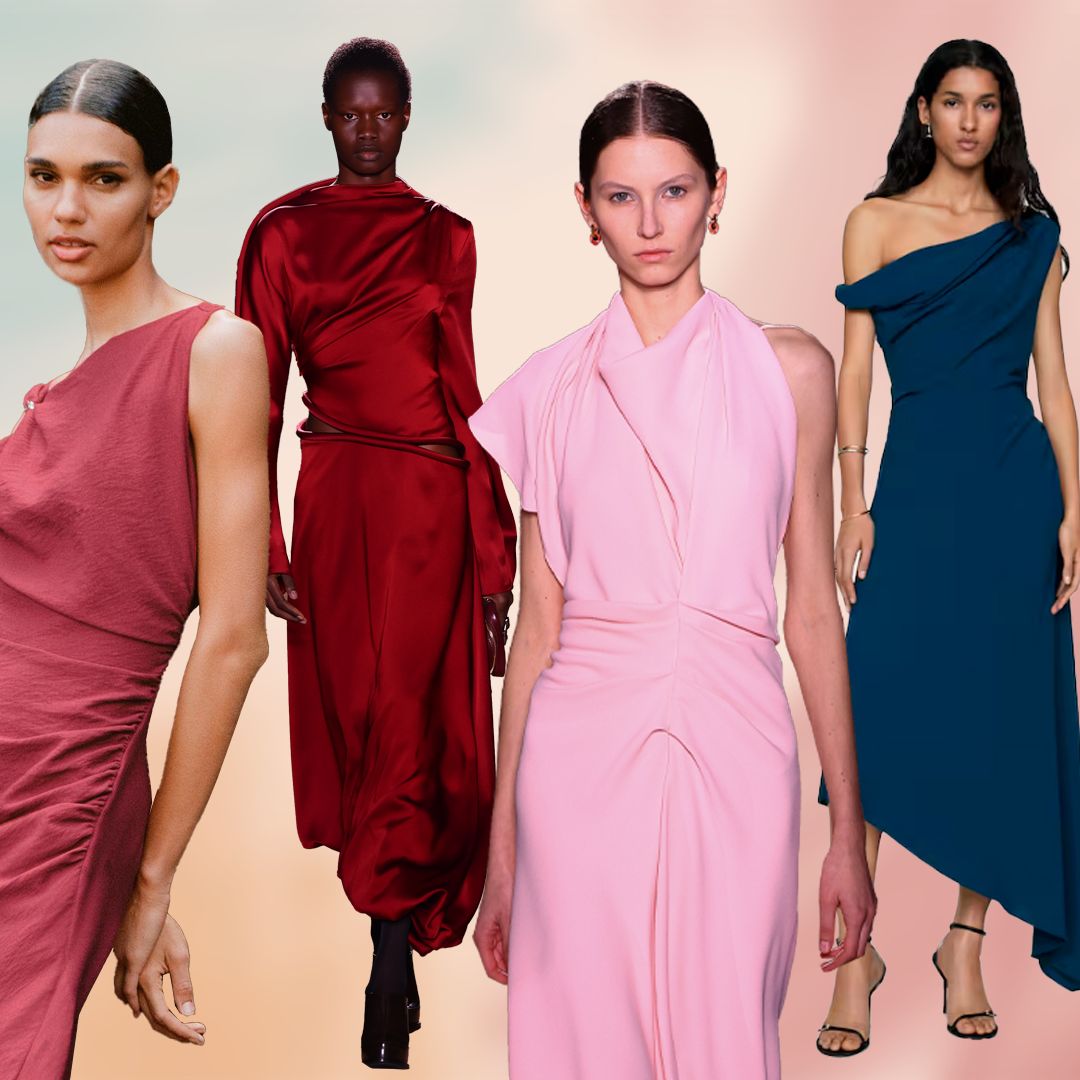 Vestidos minimalista con escote asimétrico: el look de invitada perfecta que hemos fichado en Zara, Mango... y Victoria Beckham