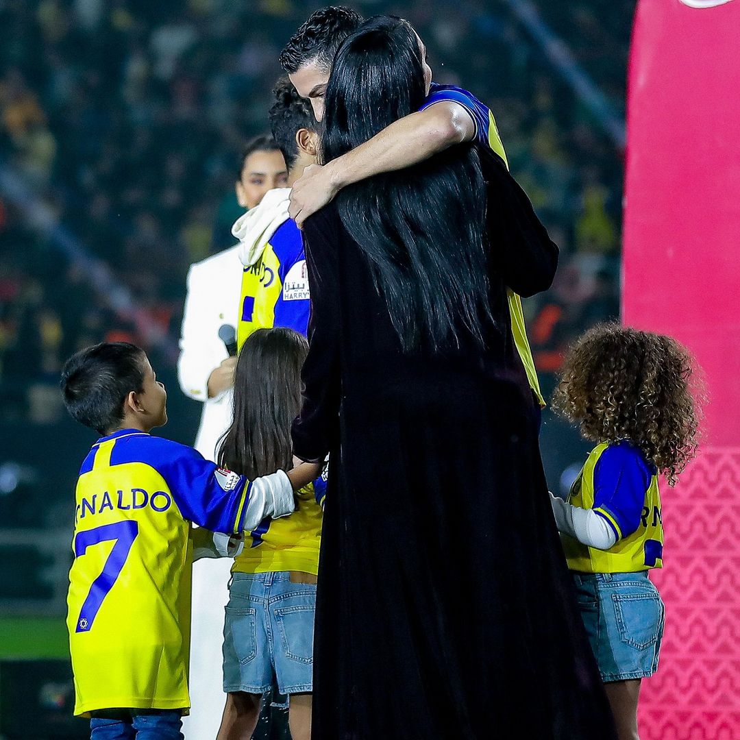 Soccerplayer Cristiano Ronaldo and sons Cristiano Ronaldo JR , Alana Ronaldo and Mateo Ronaldo with Georgina Rodriguez presentation as new Al Nassr FC player on January 03, 2023 in Riyadh, Saudi Arabia.