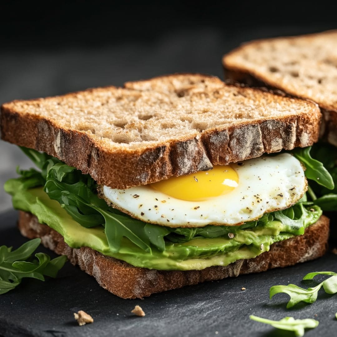 Sándwich de aguacate, rúcula y huevo a la plancha