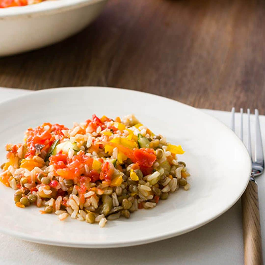 Arroz integral, lentejas y verduras al vapor