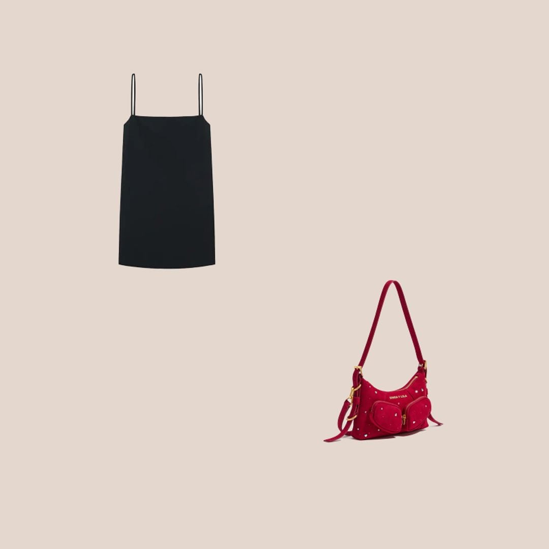 vestido corto negro y bolso rojo con brillos