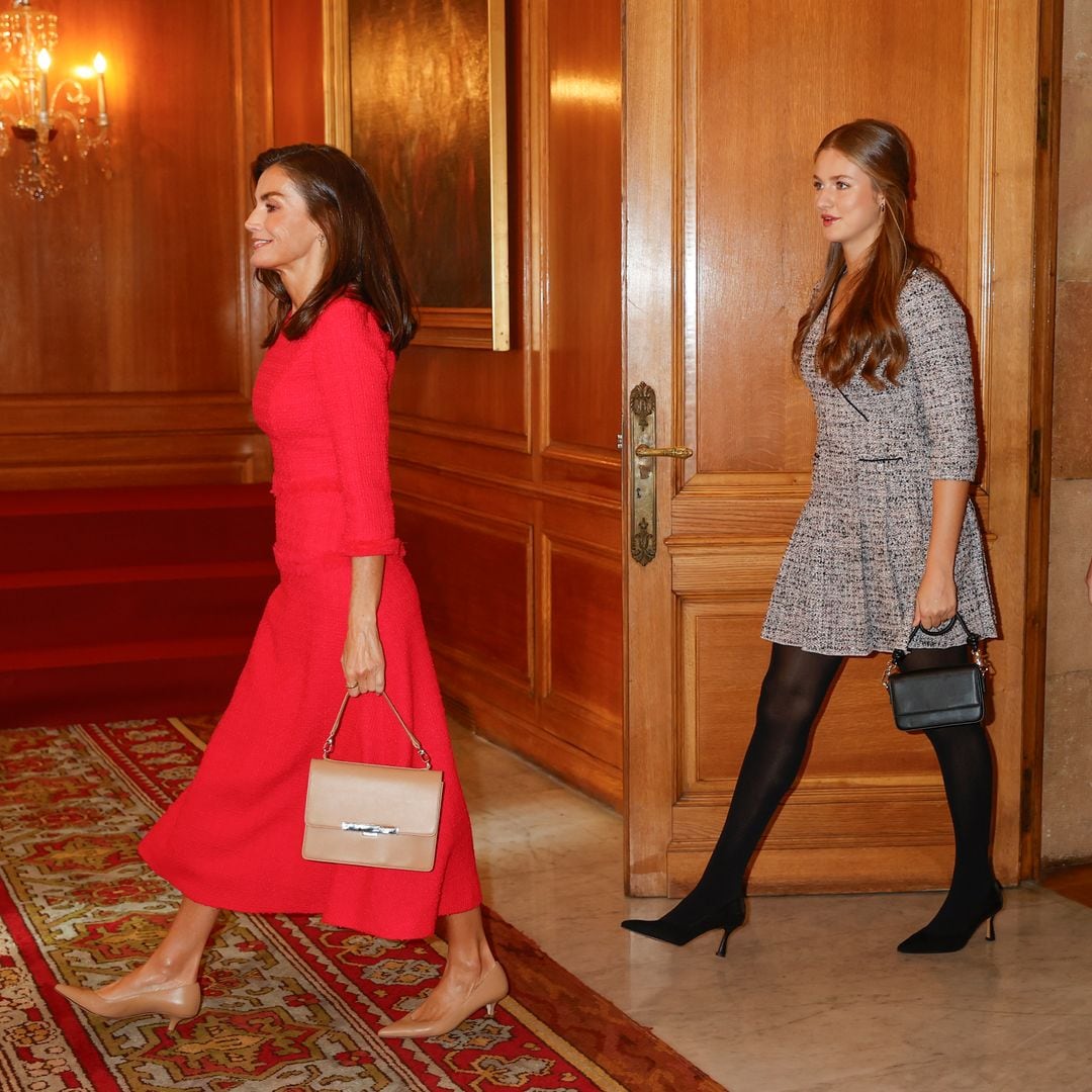 Queen Letizia with daughters Princess of Asturias Leonor de Borbon,Sofia de Borbon during an audience with the winners of finally college career of Oviedo University awards in Oviedo, on Friday 25 October 2024.