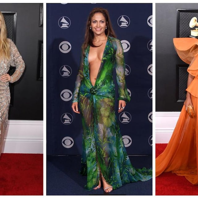 collage heidi klum jennifer lopez y chrissy teigen con vestidos de escote profundo