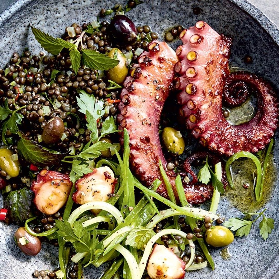 Pulpo a la plancha con lentejas pardinas