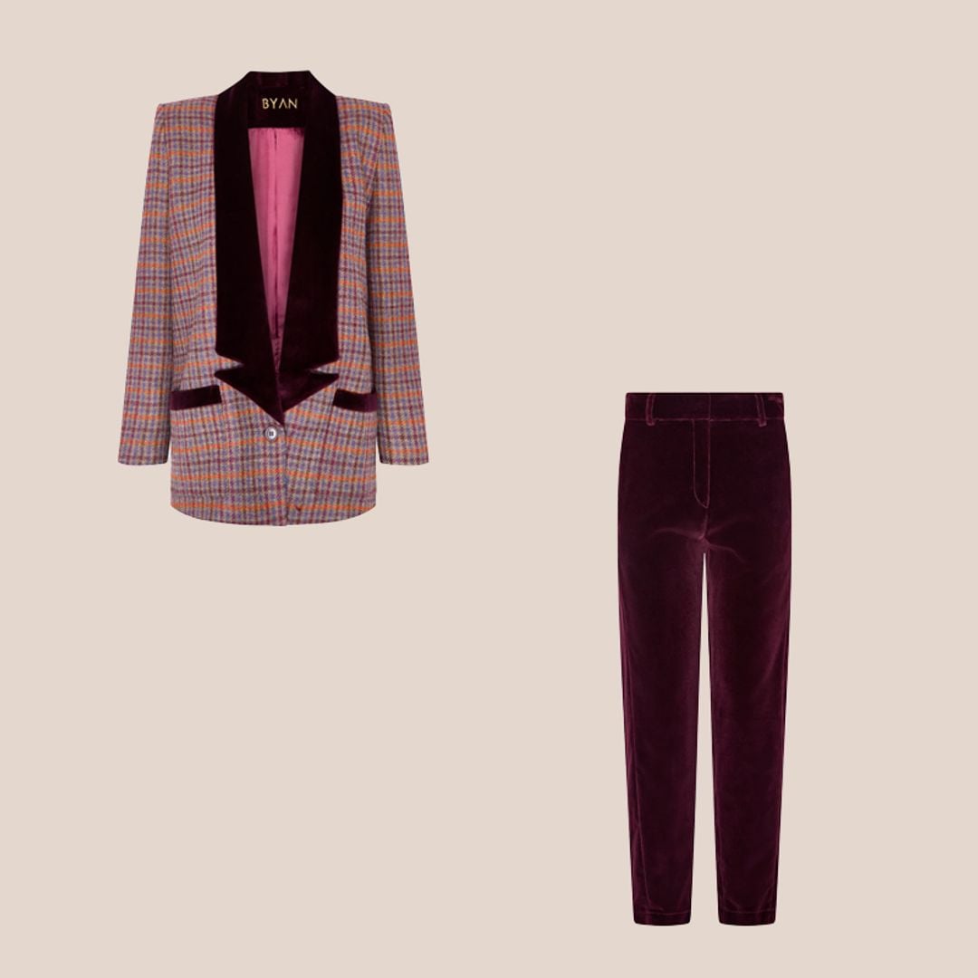 Traje de terciopelo granate de blazer y pantalon