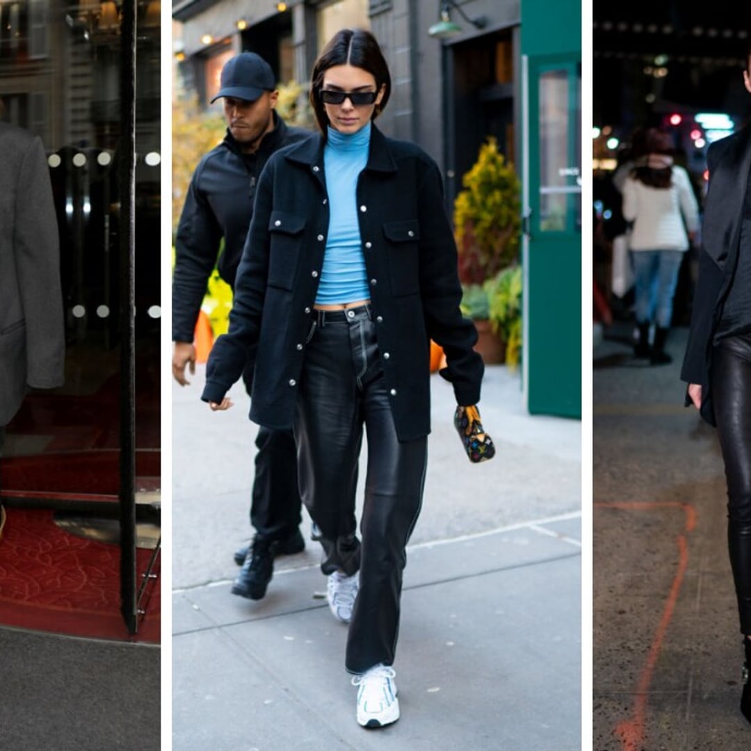 collage de gigi hadid kendall jenner y olivia palermo usando pantalones efecto piel