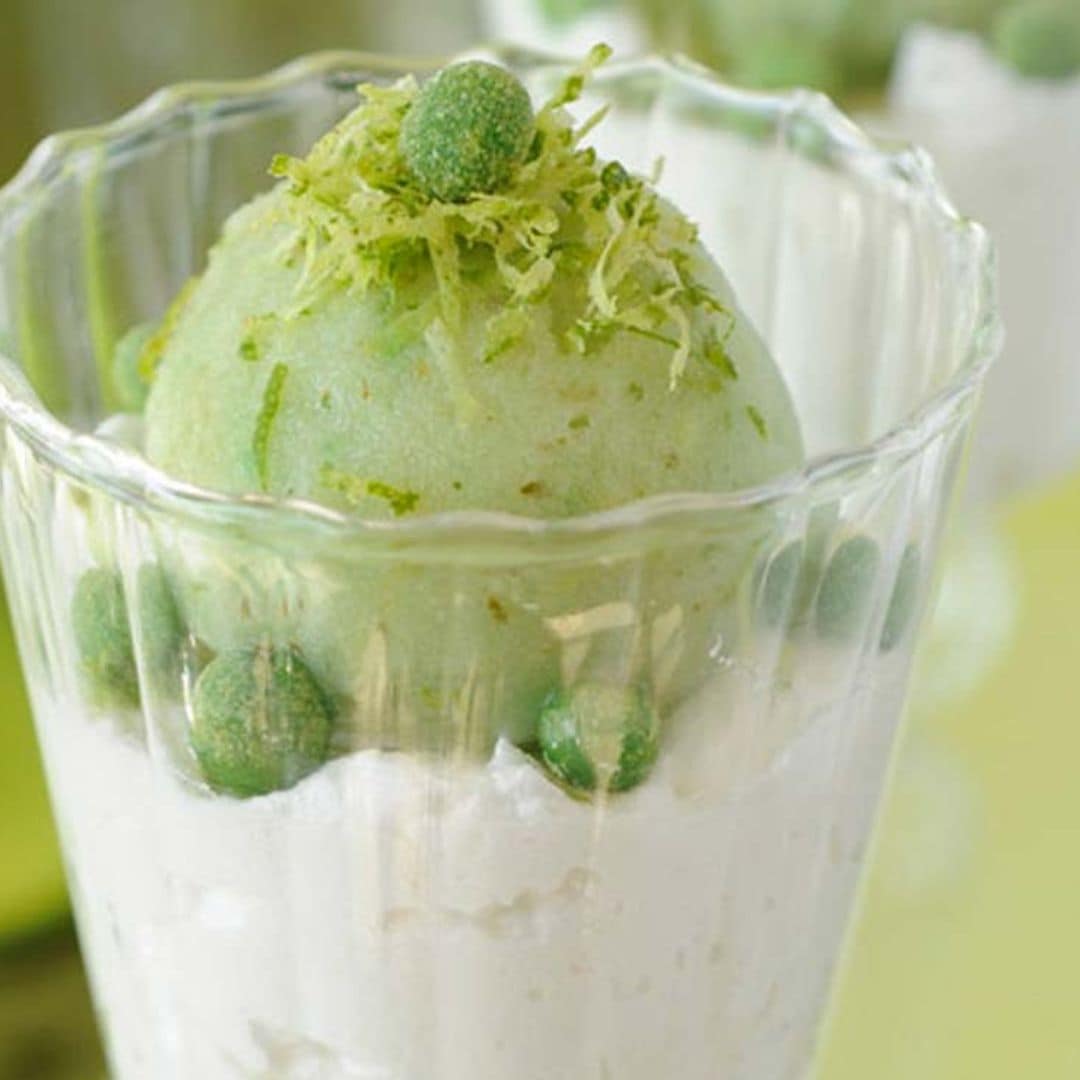 Mousse de lima con sorbete de albahaca