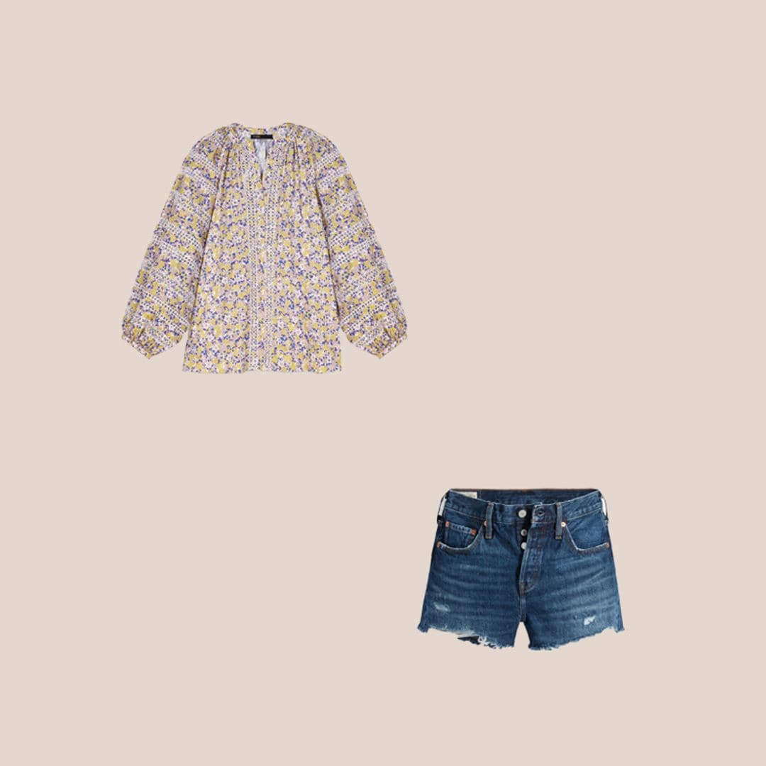 Camisa estampada mangas abullonadas y shorts denim