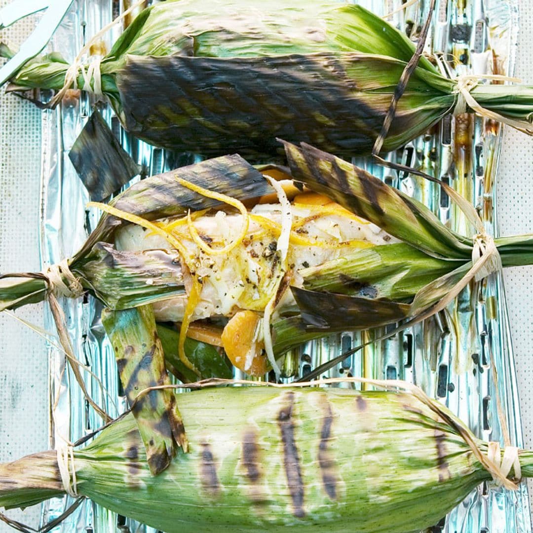 Supremas de lubina en papillote de hojas de plátano