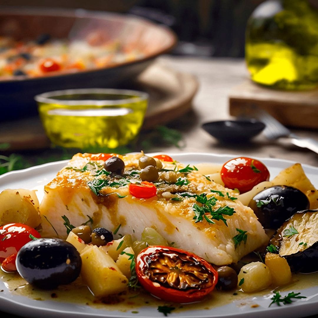 Bacalao con verduras al horno y aceitunas