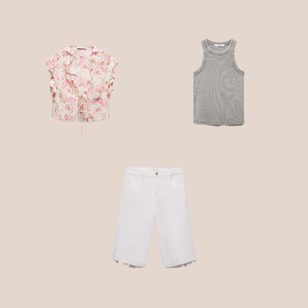Shorts blancos, blusa de flores con volantes y tank top gris