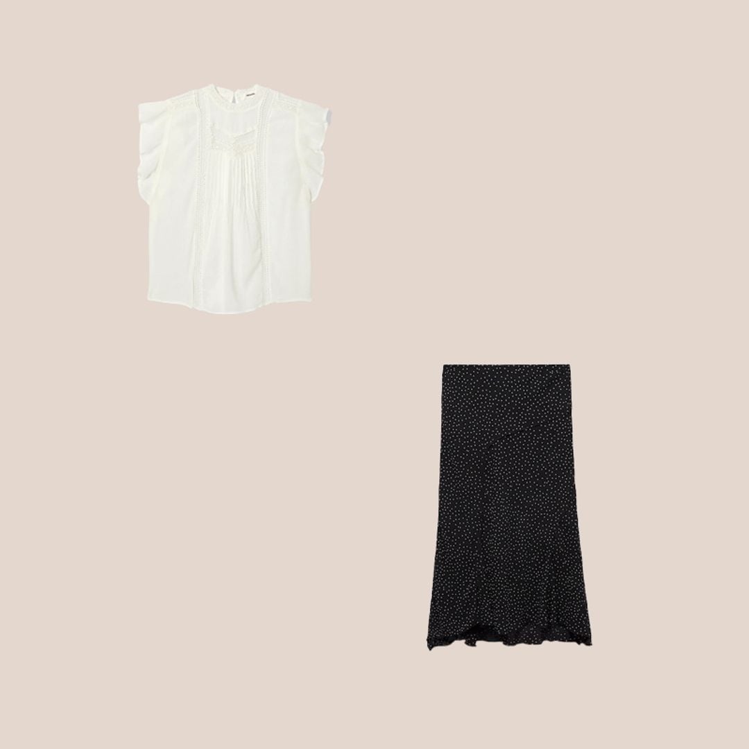 blusa bordada blanca de manga corta con falda midi de lunares