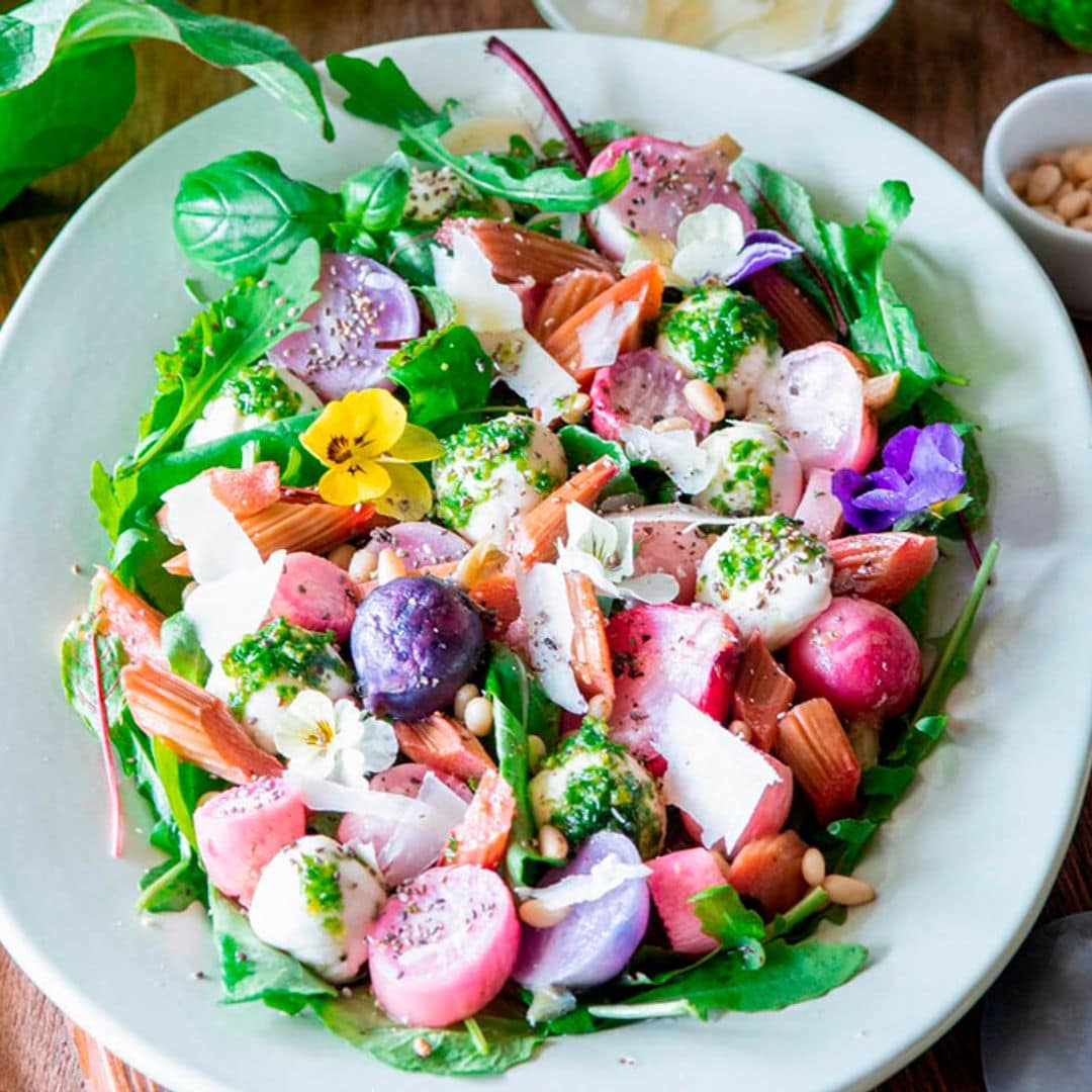 Ensalada con ruibarbo, rabanitos, coles y queso