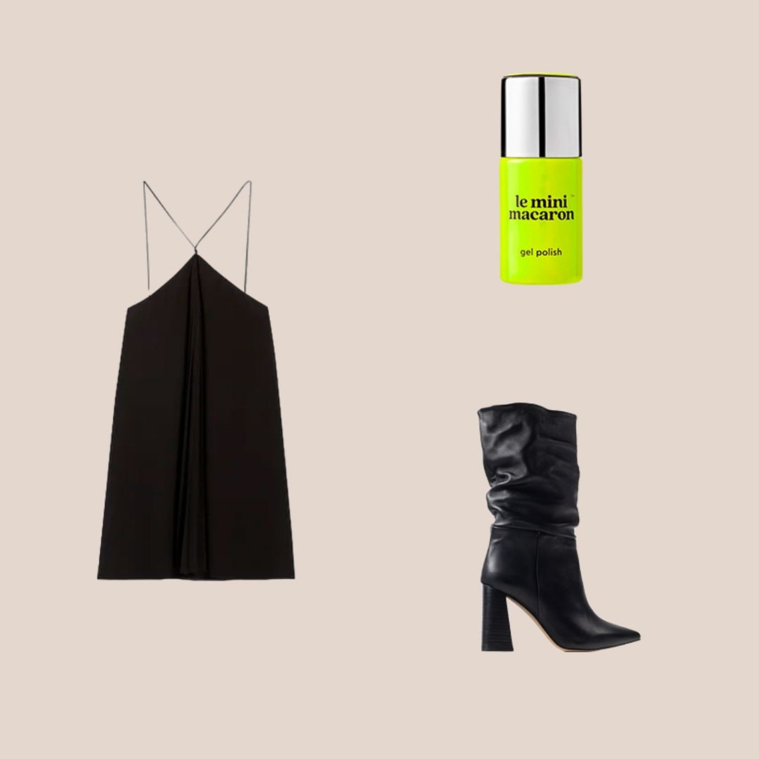 mini vestido corto negro, botas con tacón negras y esmalte de uñas verde