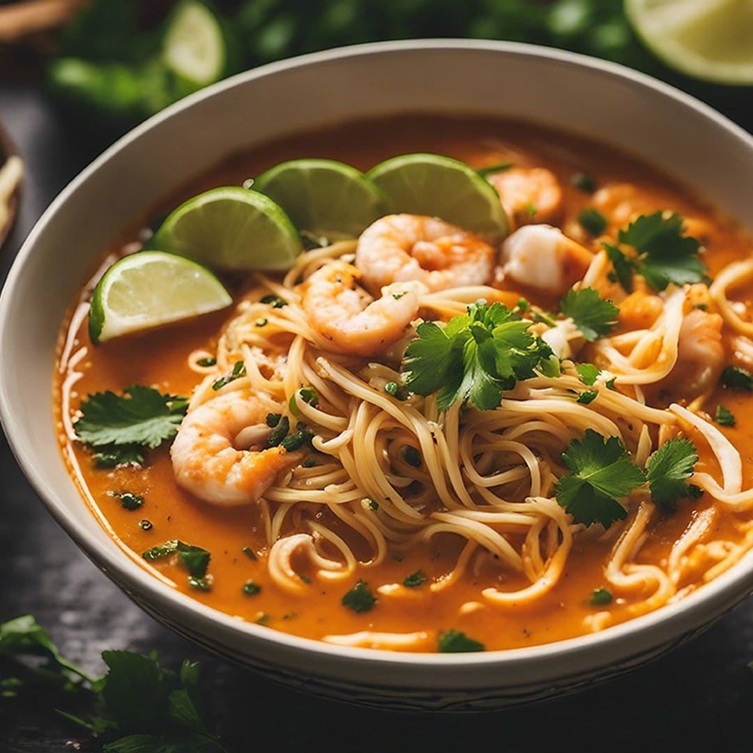 Sopa de leche de coco con pasta y gambas