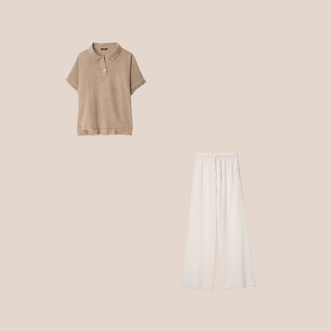 Camisa tipo polo manga corta oversize beige y pantalones de lino blancos