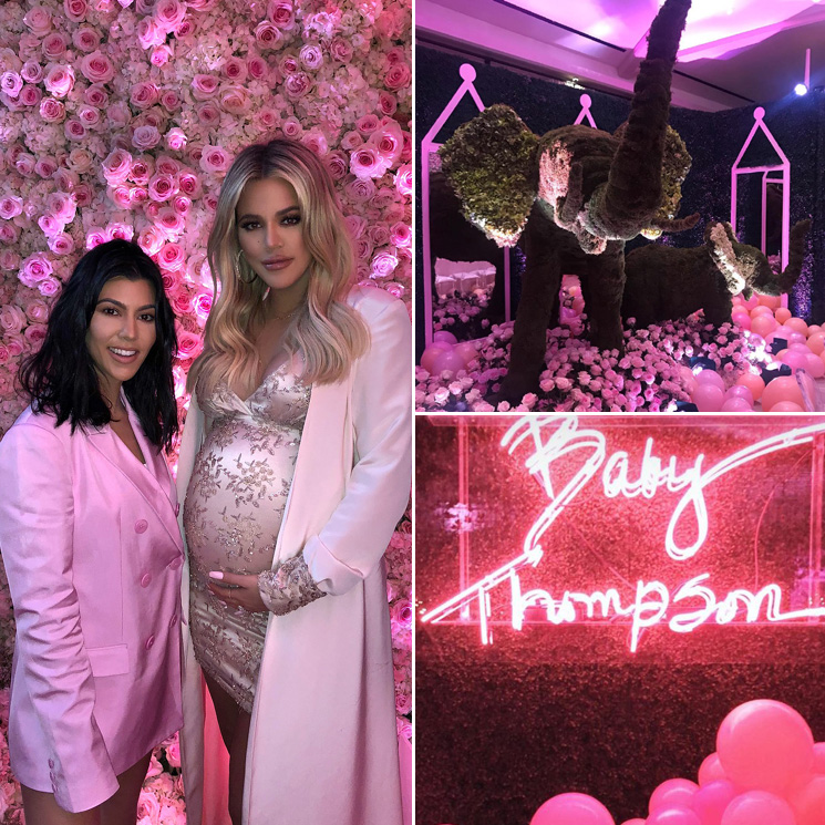 Khloe Kardashian Y Su Baby Shower Con Globos Elefantes Neones Y