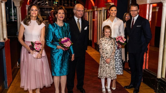 STOCKHOLM, SWEDEN - FEBRUARY 13: Princess Sofia, Queen Silvia, King Carl XVI Gustaf, Princess Estelle, Crown Princess Victoria, and Prince Daniel of Sweden attend a concert hosted by Lilla Akademien, a music school for children, at Vasa Theater on February 13, 2020 in Stockholm, Sweden. (Photo by Michael Campanella/Getty Images)