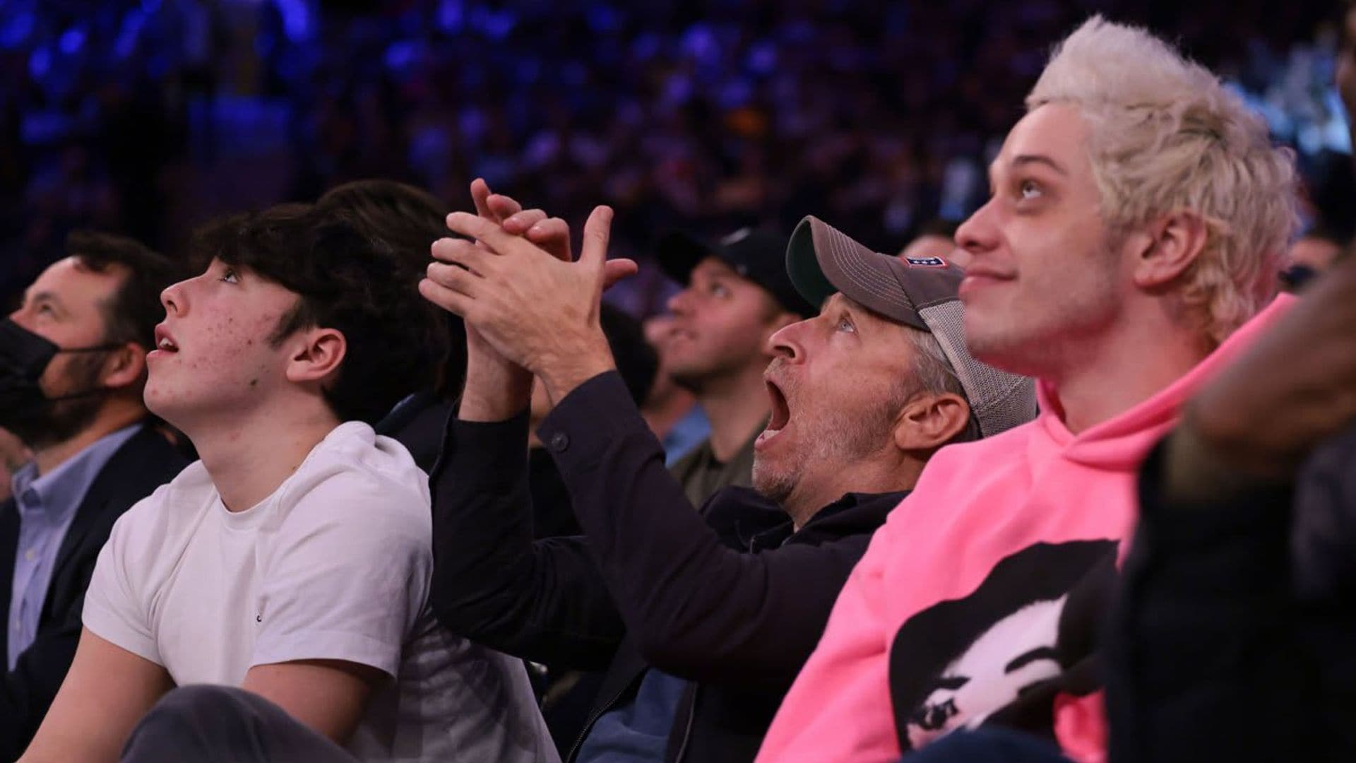 Pete Davidson sits courtside at the Knicks game with Chris Rock and Jon Stewart