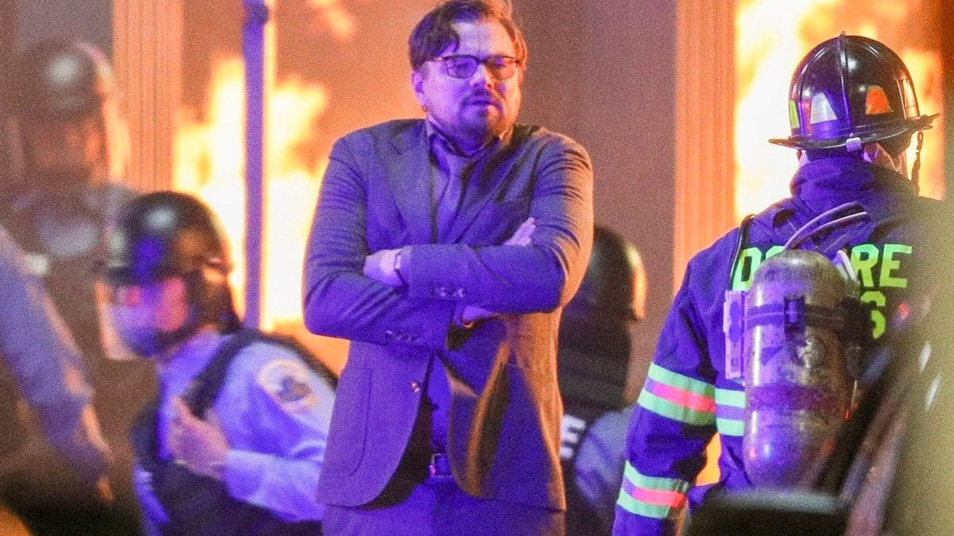 Leonardo DiCaprio is surrounded by flames while filming 'Don't Look Up'