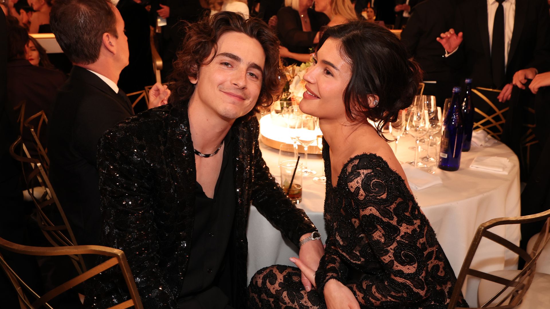 Kylie Jenner and Timothée Chalamet at the 81st Golden Globe Awards held at the Beverly Hilton Hotel on January 7, 2024, in Beverly Hills, California. 
