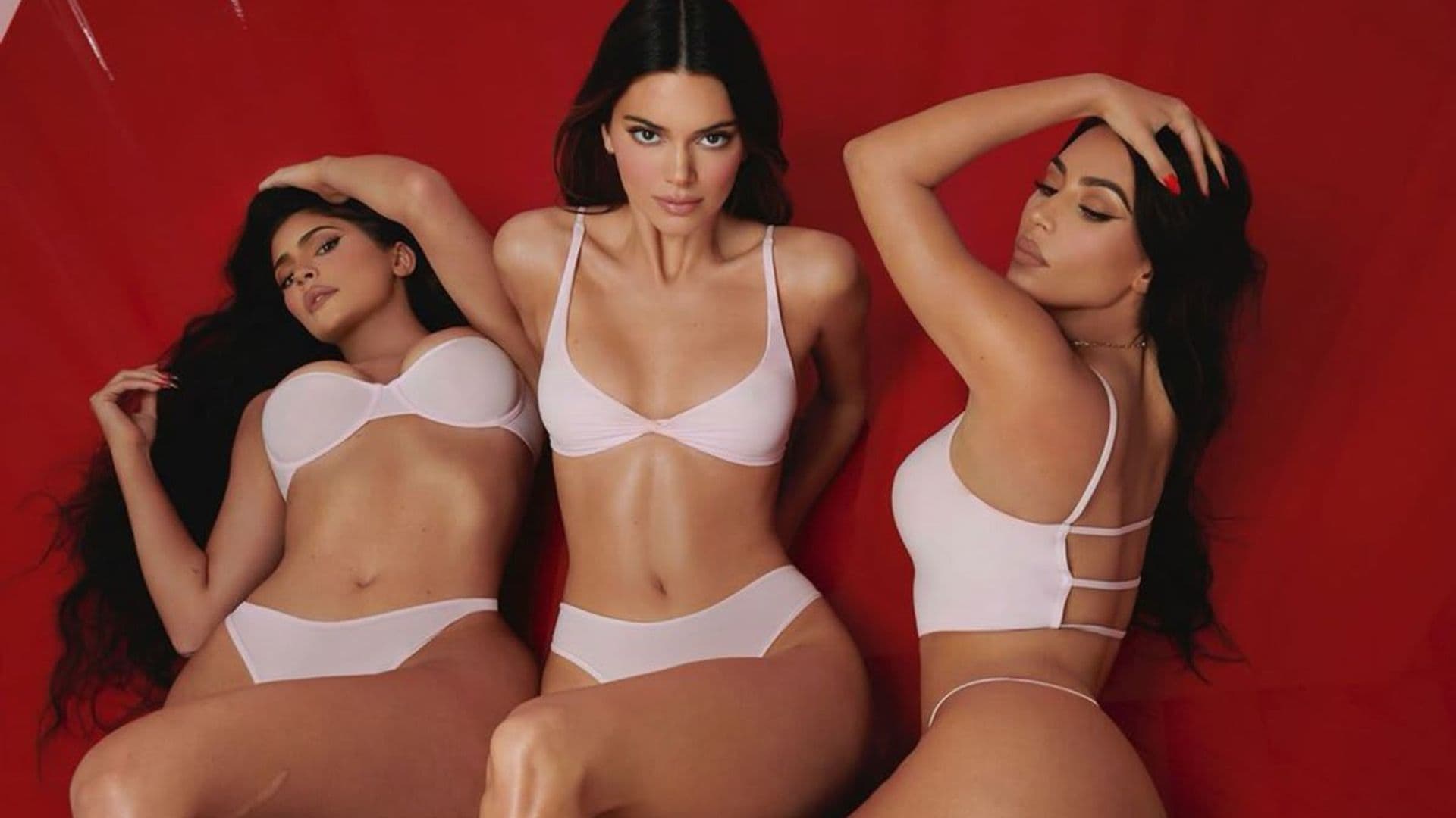 Kylie and Kendall Jenner pose with Kim Kardashian for Skims