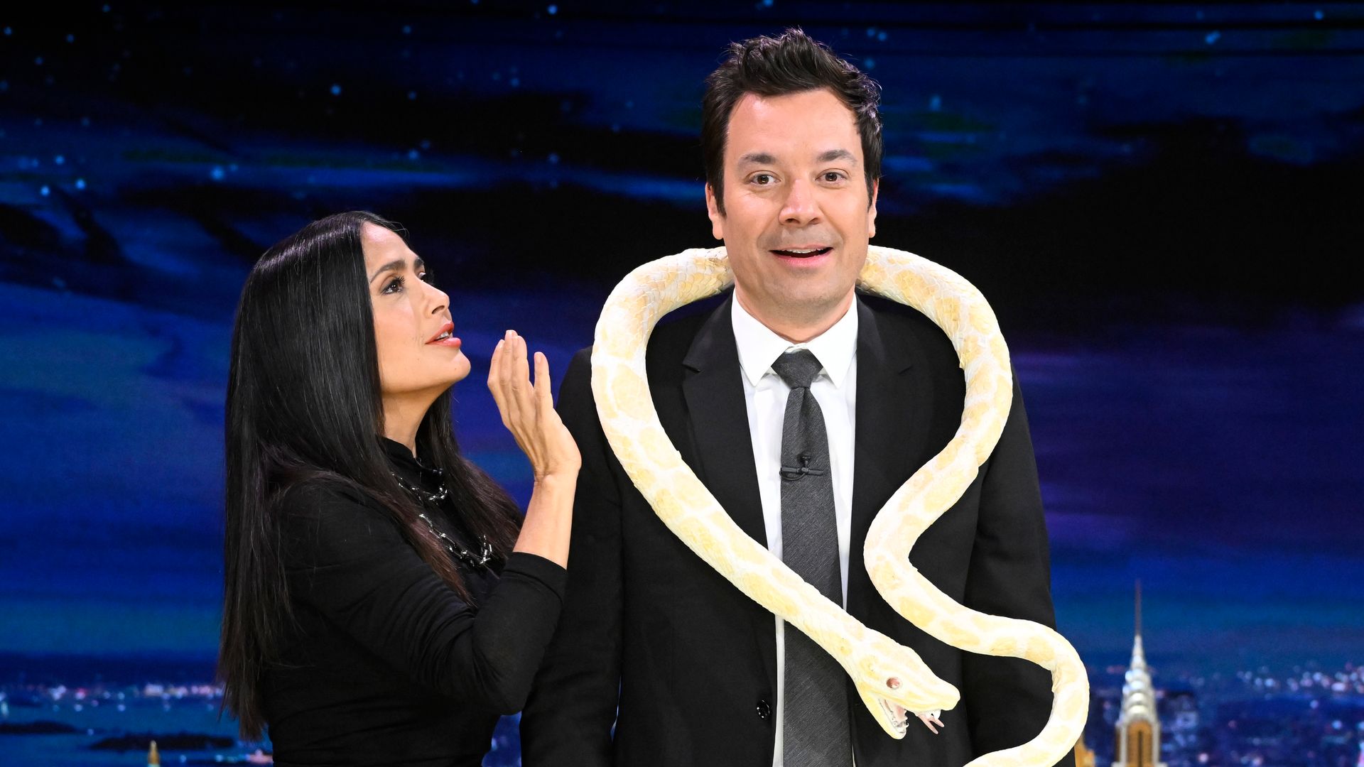 Salma Hayek teaches Jimmy Fallon how to dance with a snake; 'It looks like you need to go to the bathroom'