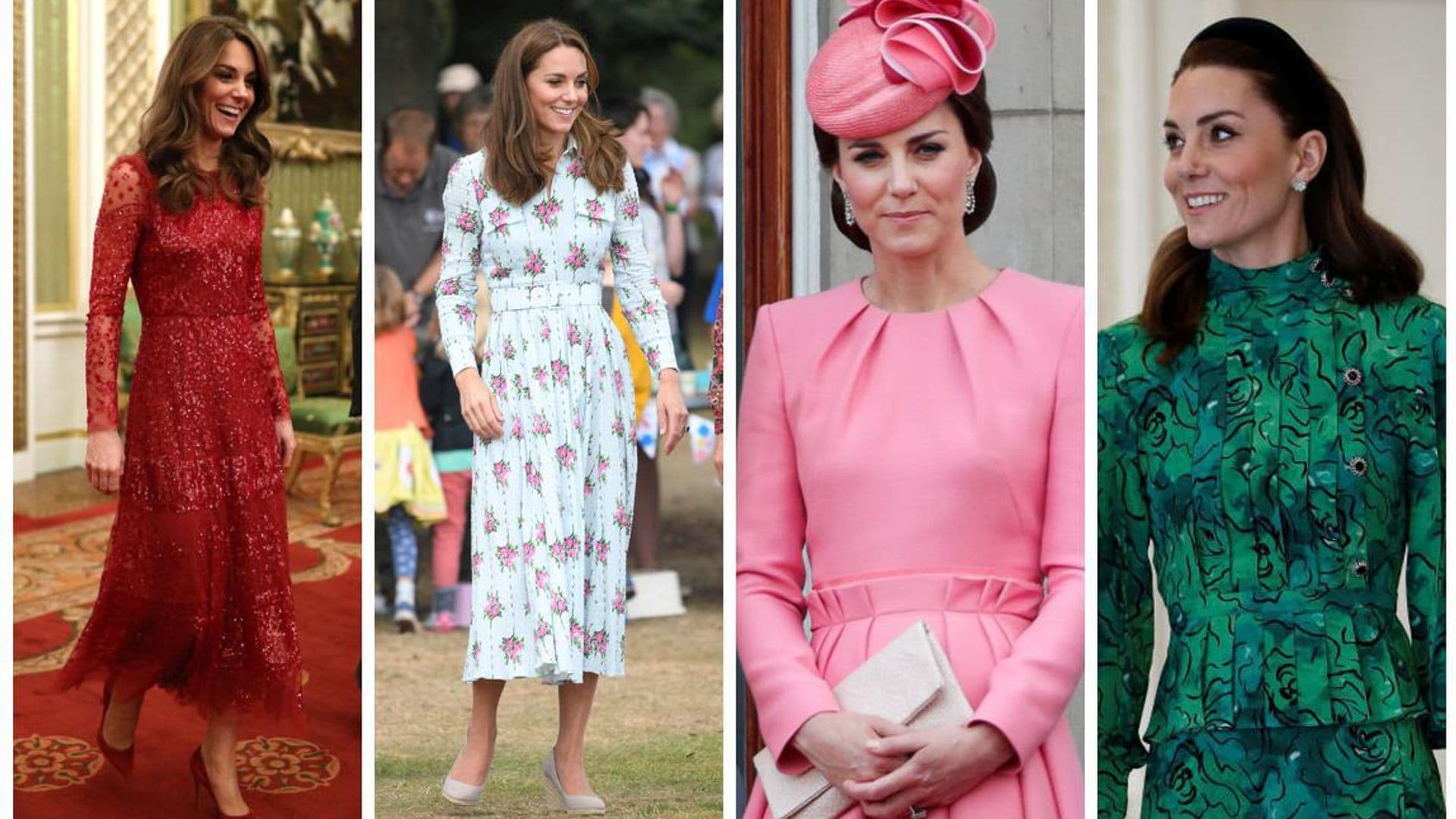 Kate Middleton wearing a red Needle & Thread dress and a dark green dress coat