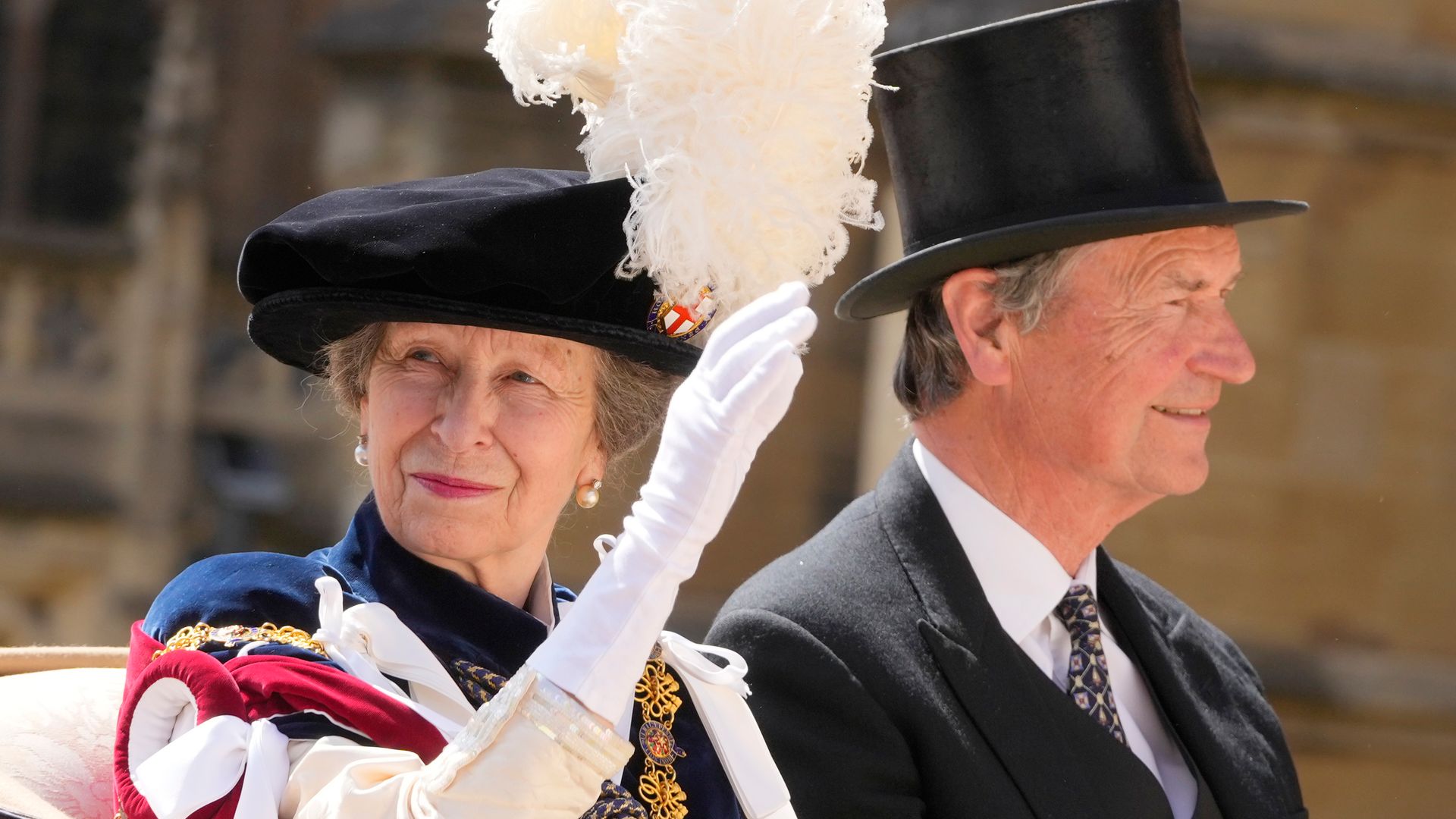 WINDSOR, ENGLAND - JUNE 17: Princess Anne and her husband Timothy Lawrence ride in a carriage after attending the Order of the Garter service at Windsor Castle on June 17, 2024 in Windsor, England.  (Photo by Kirsty Wigglesworth - WPA Pool/Getty Images)