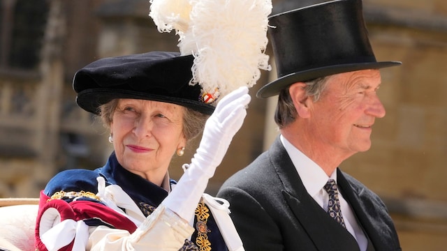 WINDSOR, ENGLAND - JUNE 17: Princess Anne and her husband Timothy Lawrence ride in a carriage after attending the Order of the Garter service at Windsor Castle on June 17, 2024 in Windsor, England.  (Photo by Kirsty Wigglesworth - WPA Pool/Getty Images)