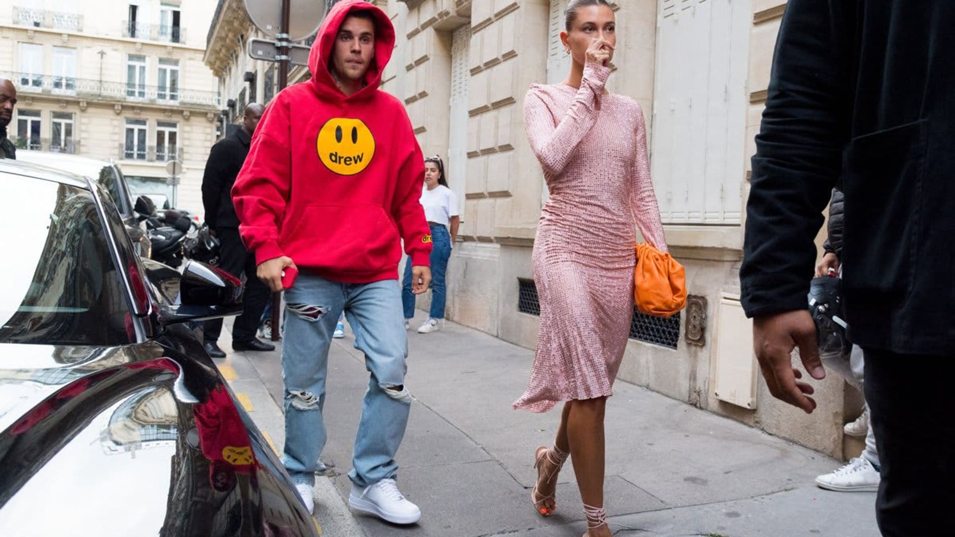 Hailey Bieber looks pretty in pink while headed to dinner with Justin Bieber in Paris