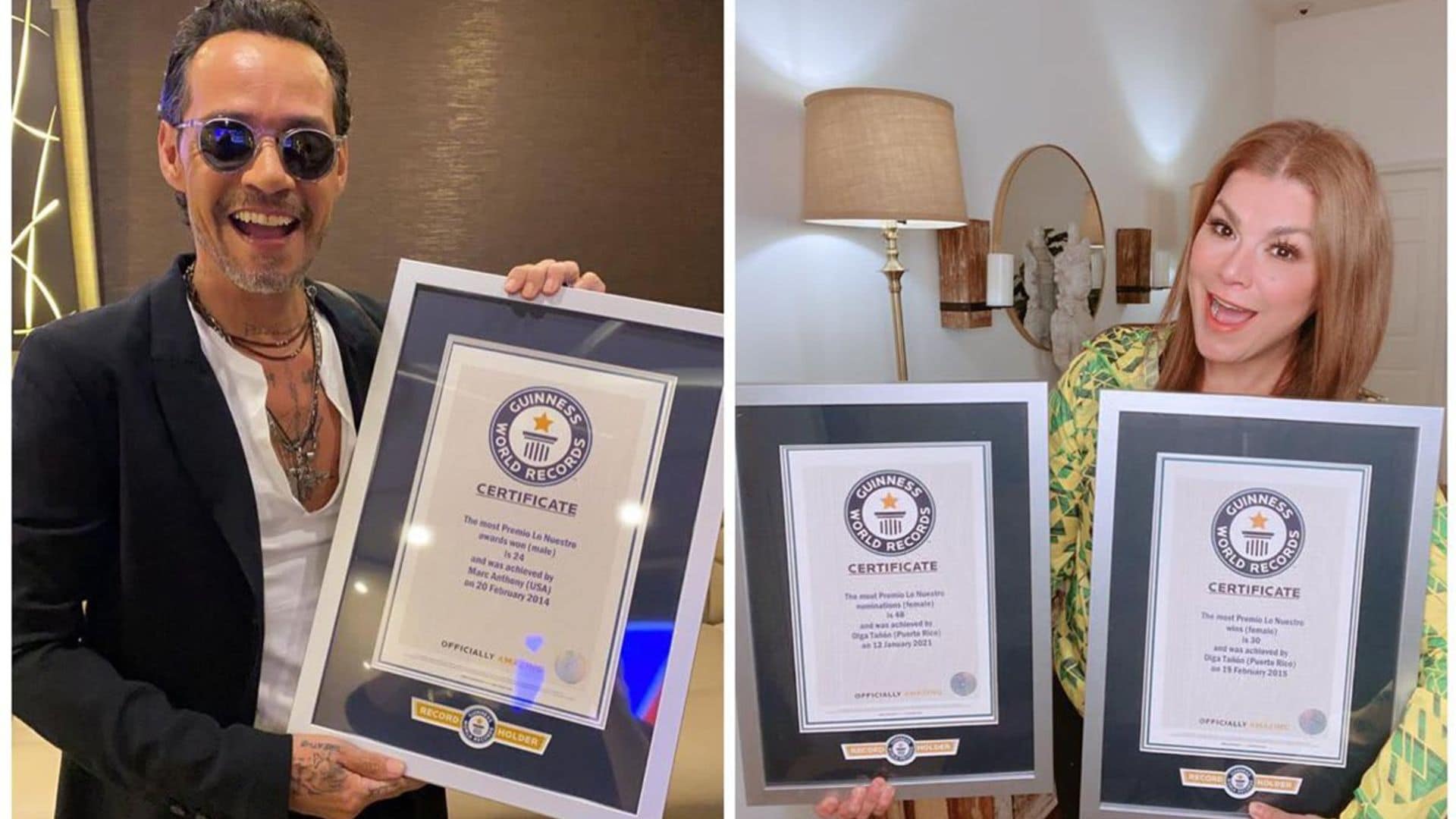 Olga Tanon and Marc Anthony holding their third GUINNESS WORLD RECORDS title for the most Premio Lo Nuestro nominations and winnings.