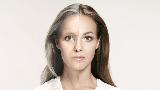 Divided face of a young older woman
