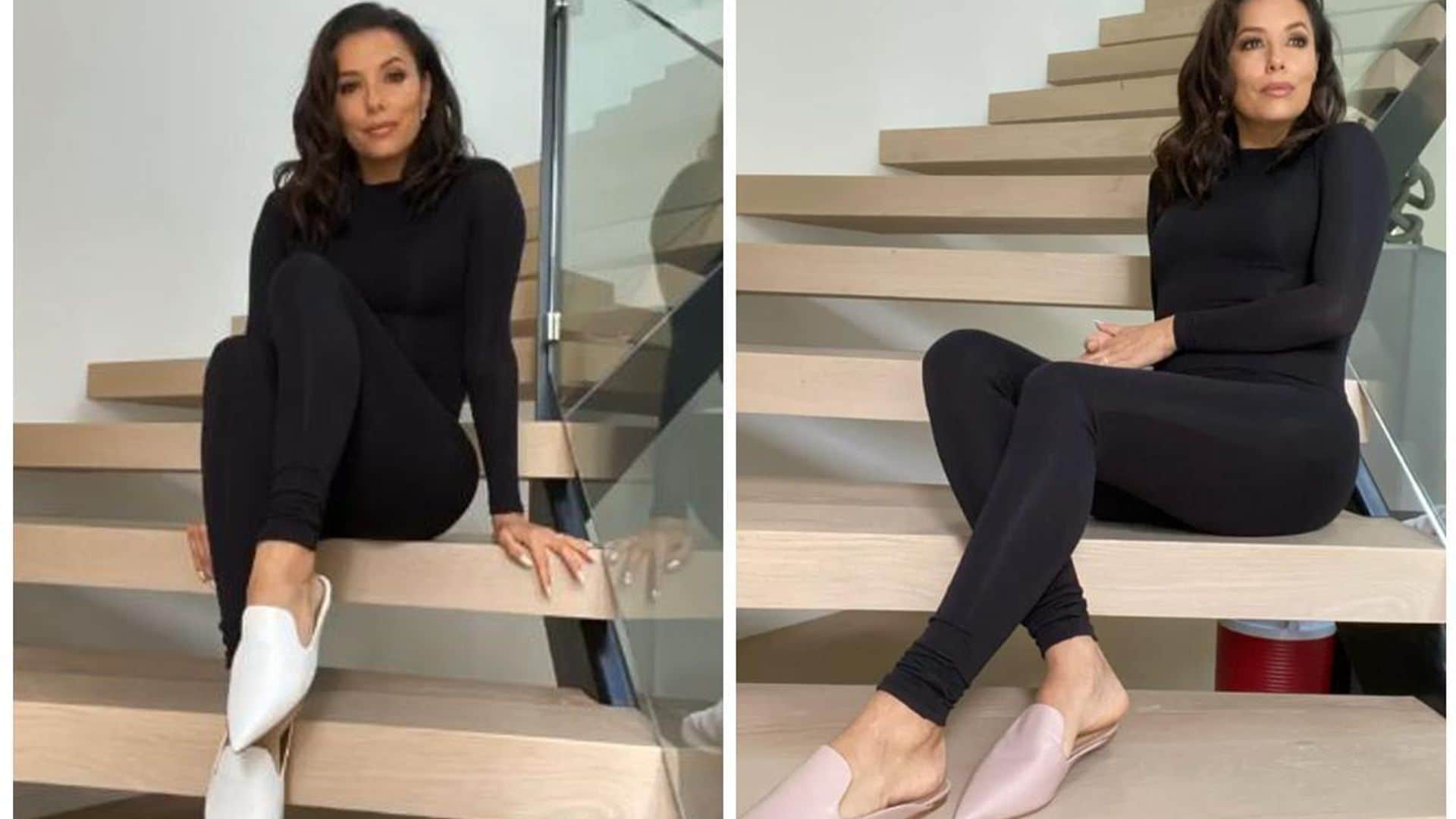 Eva Longoria collage with white shoes and black outfit