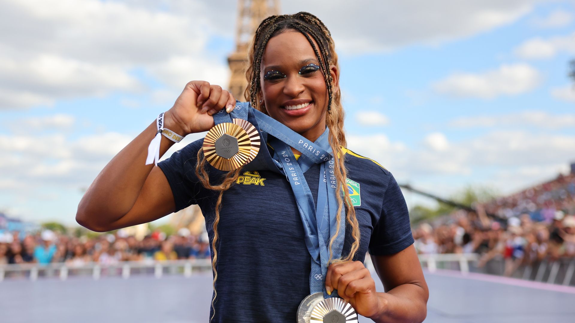 Women's Artistic Gymnastics medalist Rebeca Andrade of Team Brazil poses for a photo with her medals on day twelve of the Olympic Games Paris 2024 at Champions Park on August 07, 2024, in Paris, France. (Photo by Michael Reaves/Getty Images)