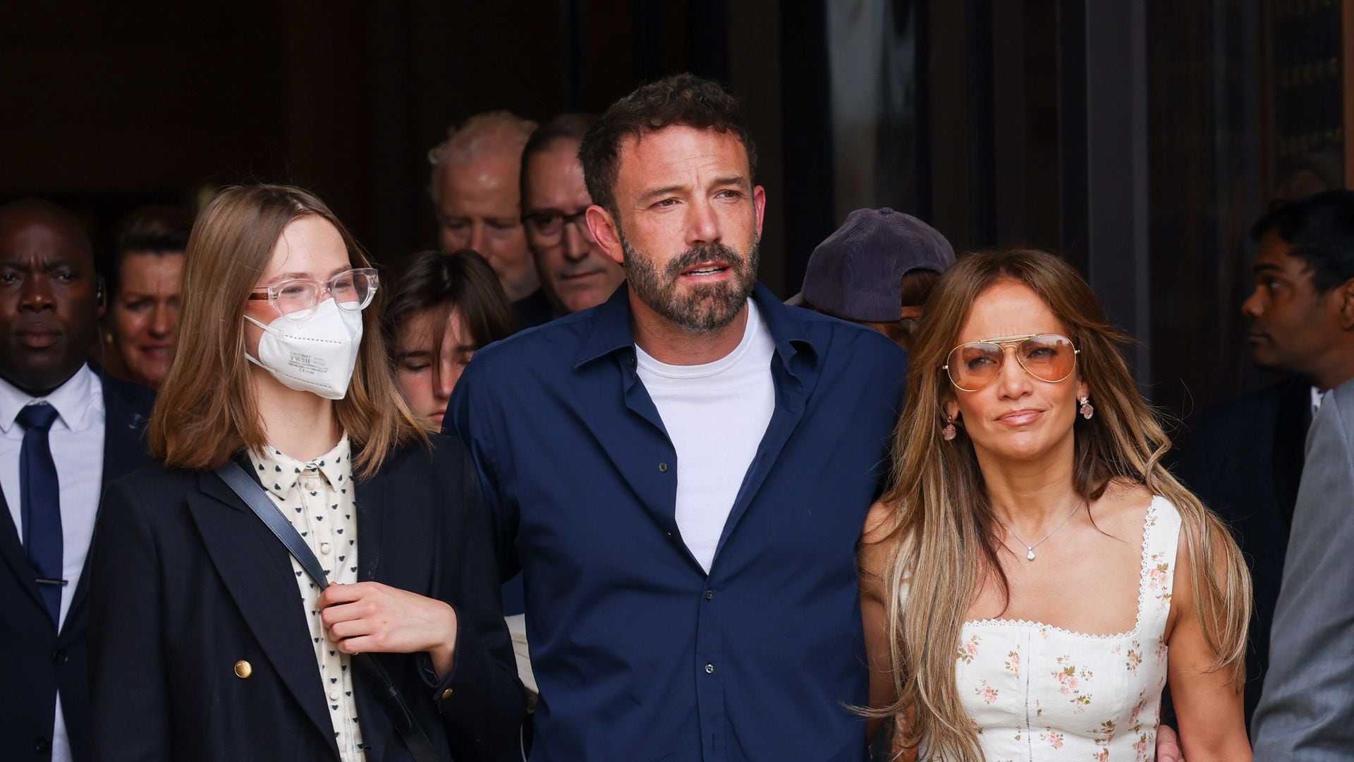 Violet Affleck, Ben Affleck, and Jennifer Lopez are seen leaving their hotel on July 23, 2022, in Paris, France. (Photo by Pierre Suu/GC Images)