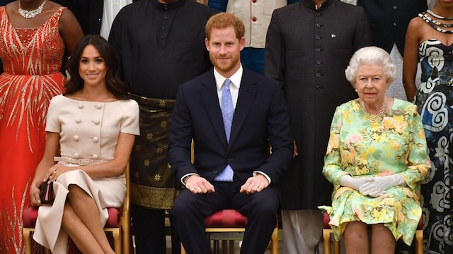 Meghan, Duchess of Sussex, Prince Harry, Duke of Sussex and Queen Elizabeth II at the Queen's Young Leaders Awards Ceremony