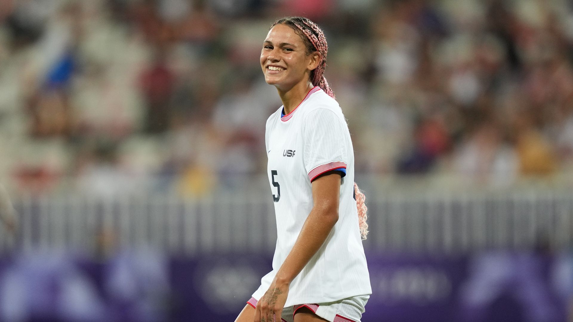 Trinity Rodman, #5 of the United States, smiles during the second half of the Women's group B match between the United States and Zambia during the Olympic Games Paris 2024 at Stade de Nice on July 25, 2024, in Nice, France. 