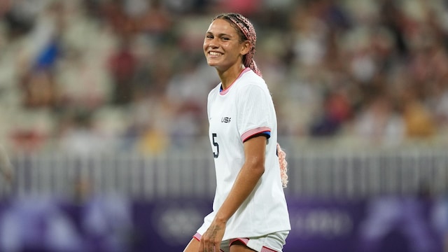 Trinity Rodman, #5 of the United States, smiles during the second half of the Women's group B match between the United States and Zambia during the Olympic Games Paris 2024 at Stade de Nice on July 25, 2024, in Nice, France. 