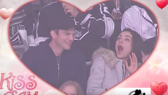 Ashton and Mila were watching the action on the ice when when the Kings' Kiss Cam panned to the action in the stands more specifically, the famous couple sitting in the audience!