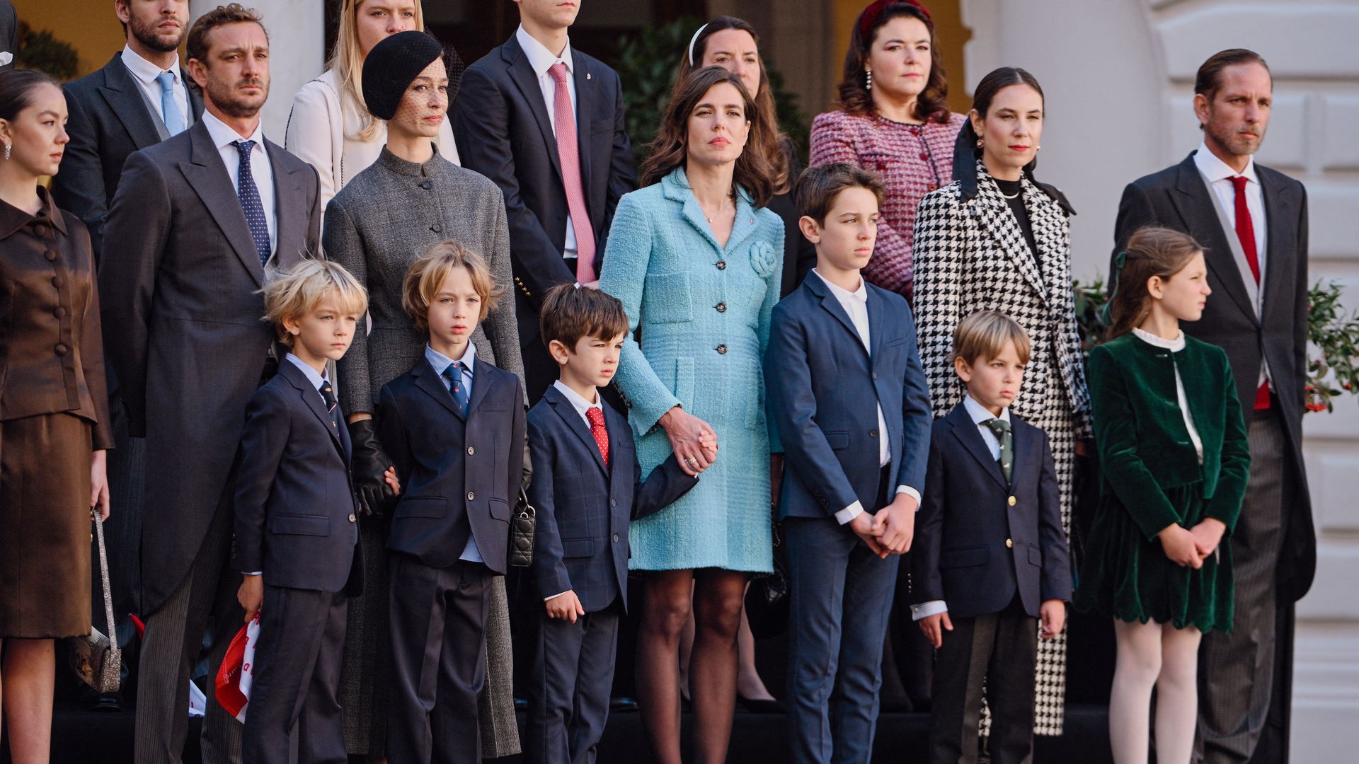  the son of Caroline, Princess of Hanover, Pierre Casiraghi (2ndL), stands with his wife Beatrice Borromeo and sons Stefano Ercole Carlo Casiraghi and Francesco Carlo Albert Casiraghi, as they pose along side Chanel ambassador Charlotte Casiraghi, daughter of Caroline, Princess of Hanover, and her sons Balthazar Rassam and Raphael Elmaleh, and Tatiana Santo Domingo and her husband Andrea Casiraghi, the eldest bson of Caroline, Princess of Hanover, for a group photograph during a ceremony marking 'National Day in Monaco' also known as ' The Sovereign Prince's Day', in Monaco on November 19, 2024. (Photo by Frederic DIDES / AFP) / / NO TABLOIDS WEB & PRINT, NO DAILY MAIL, NO DAILY MAIL GROUP, NO VOICI, NO CLOSER (Photo by FREDERIC DIDES/AFP via Getty Images)