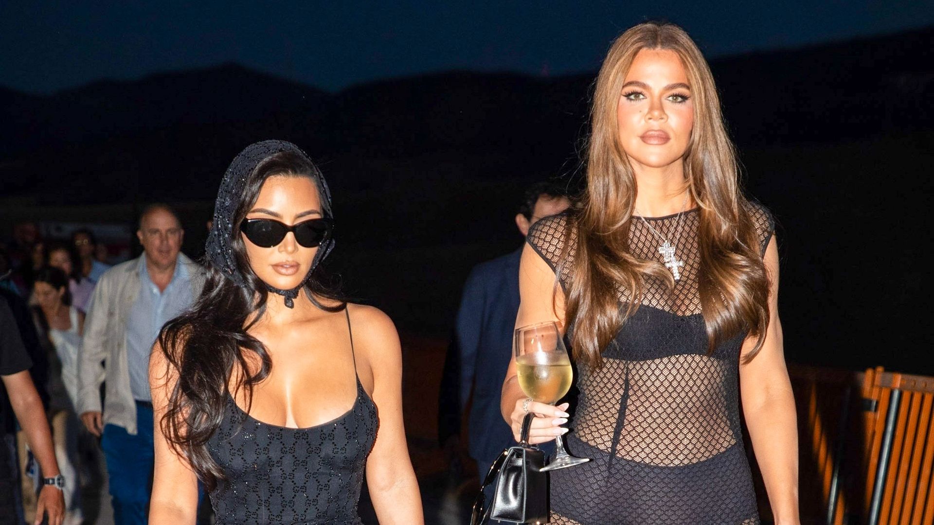 Kim and Khloé Kardashian's looks in Italy, including sheer mesh dress and chic headscarf