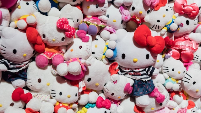 Hello Kitty plushies are displayed during a photocall at Somerset House for the new exhibition CUTE in London, United Kingdom on January 24, 2024. CUTE, the first major exhibition to examine cuteness's extraordinary and complex power, opens at Somerset House on 25 January 2024 and runs until 14 April 2024.