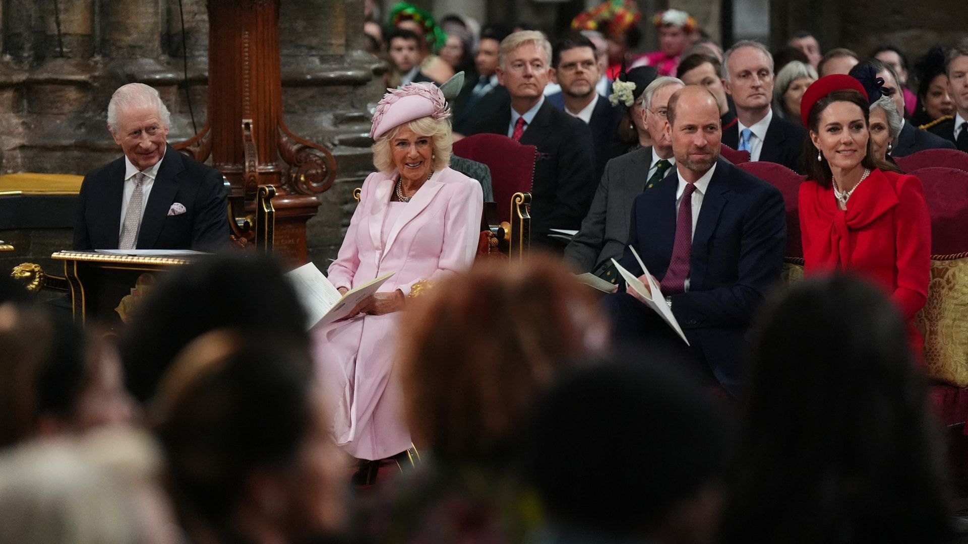 Britain's King Charles III (L), Britain's Queen Camilla (2L), Britain's Catherine, Princess of Wales (R) and Britain's Prince William, Prince of Wales (2R) attend the annual Commonwealth Day service ceremony at Westminster Abbey in London, on March 10, 2025 . (Photo by Aaron Chown / POOL / AFP) (Photo by AARON CHOWN/POOL/AFP via Getty Images)          