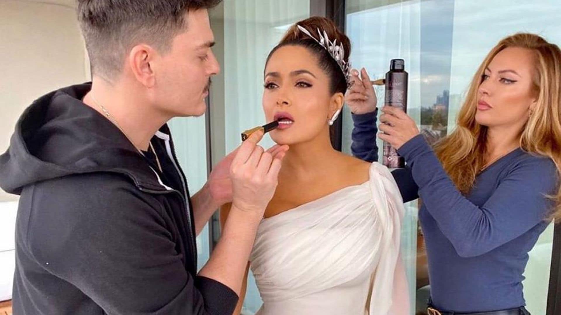 All the details behind Salma Hayek’s Greek goddess up-do and stunning makeup