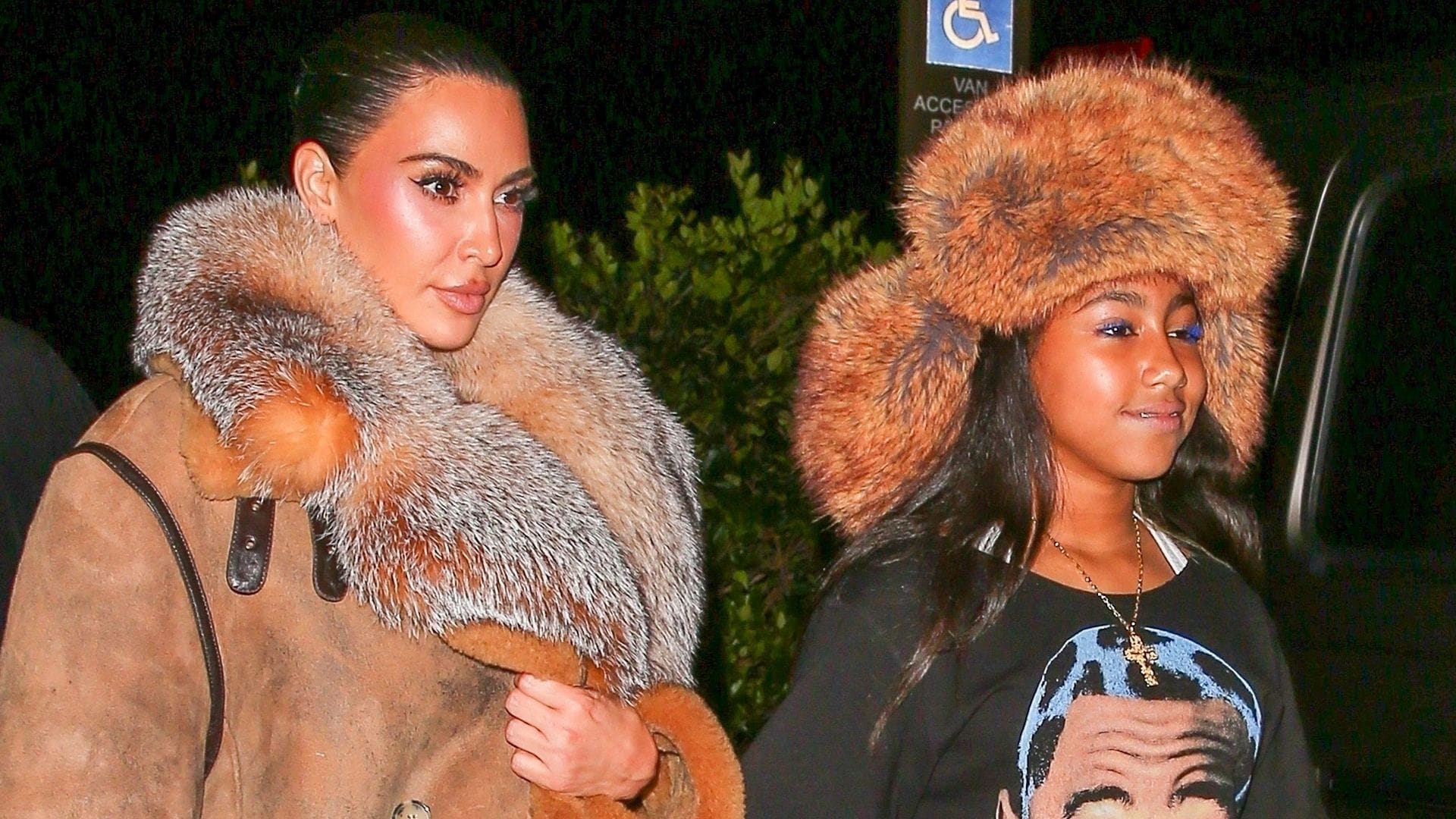 Kim Kardashian and North West wear matching fur outfits as they grab dinner