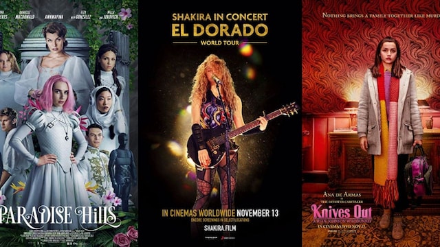 Paradise Hills movie poster, Knives Out movie poster and Shakira In Concert: El Dorado World Tour poster