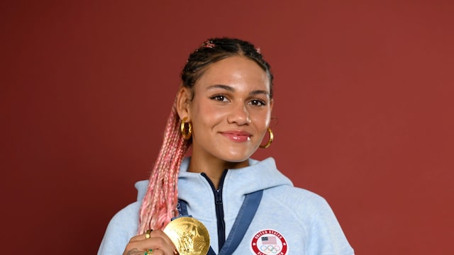 Olympian Trinity Rodman of Team United States poses on the Today Show Set on August 11, 2024 in Paris, France. (Photo by Kristy Sparow/Getty Images)