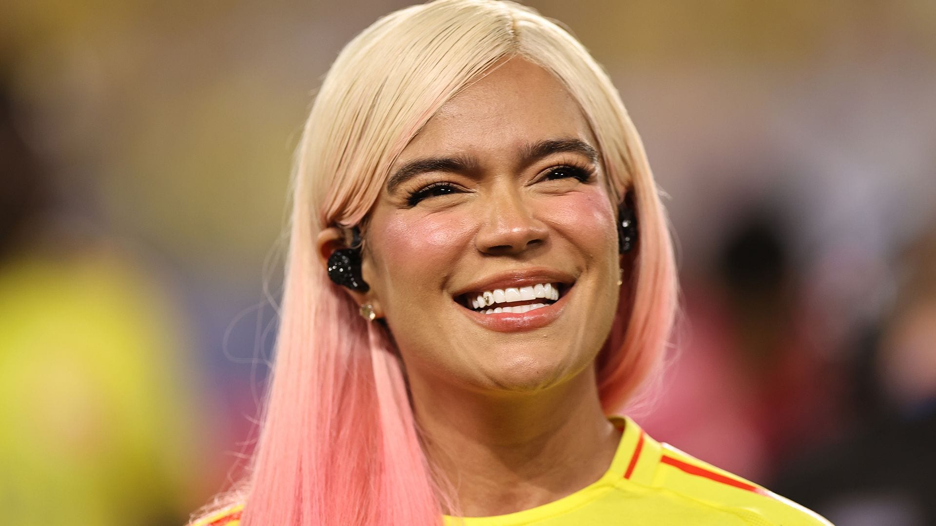 Karol G gestures before the CONMEBOL Copa America 2024 Final match between Argentina and Colombia at Hard Rock Stadium on July 14, 2024, in Miami Gardens, Florida. 