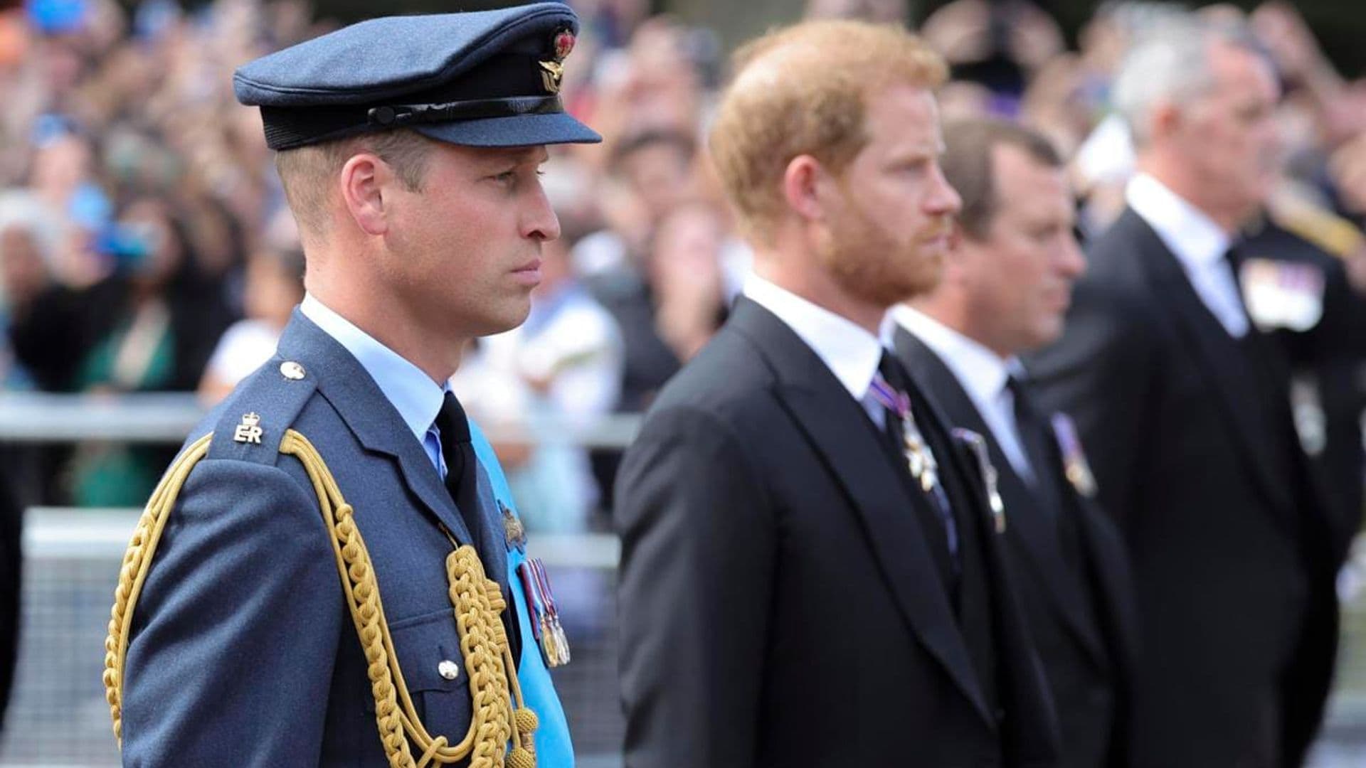 Prince William and Prince Harry walk side by side behind grandmother Queen Elizabeth’s coffin